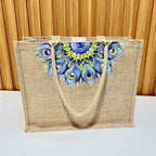 Natural Jute Tote Bag with Peacock Feather Mandala Print