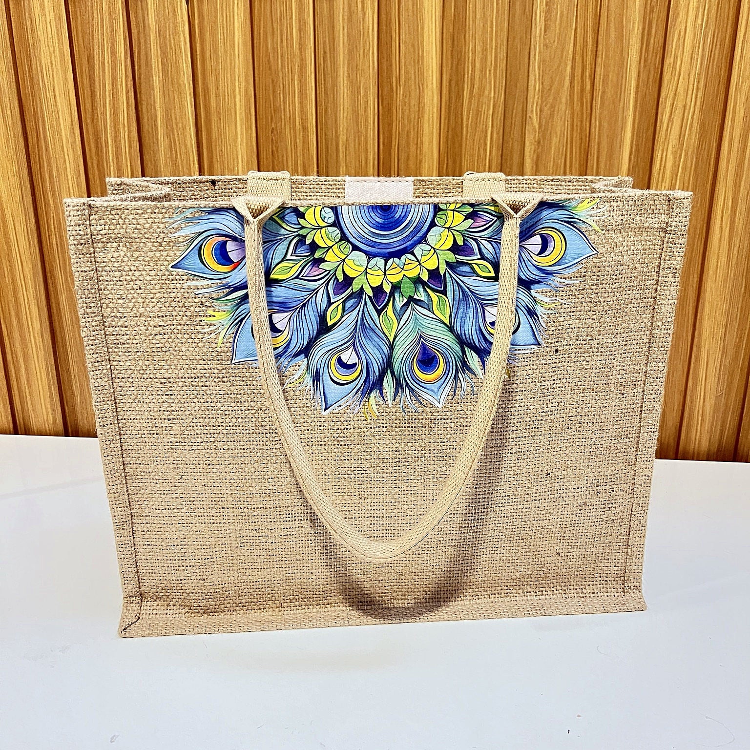 Natural Jute Tote Bag with Peacock Feather Mandala Print