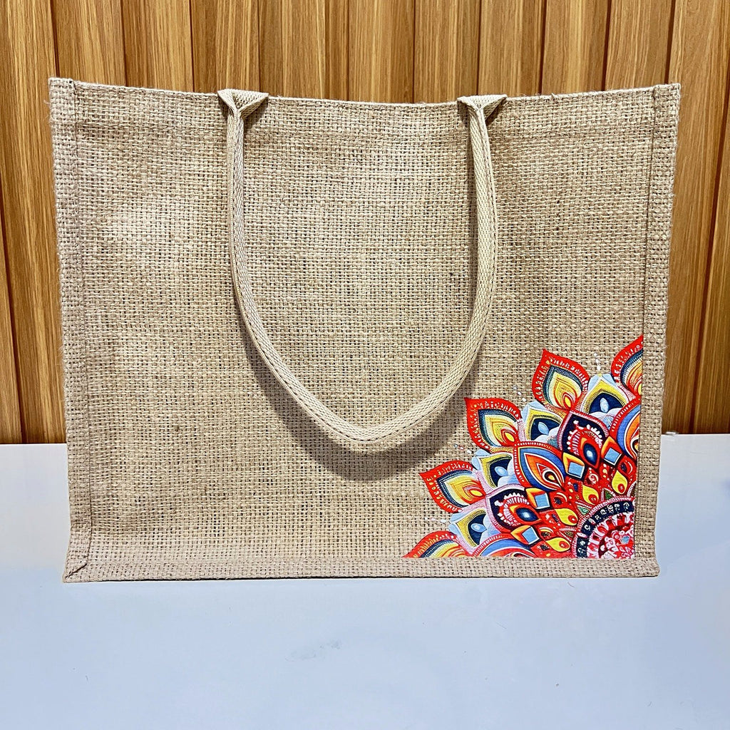 Natural Jute Tote Bag with Red Mandala Print