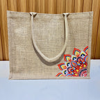 Natural Jute Tote Bag with Red Mandala Print