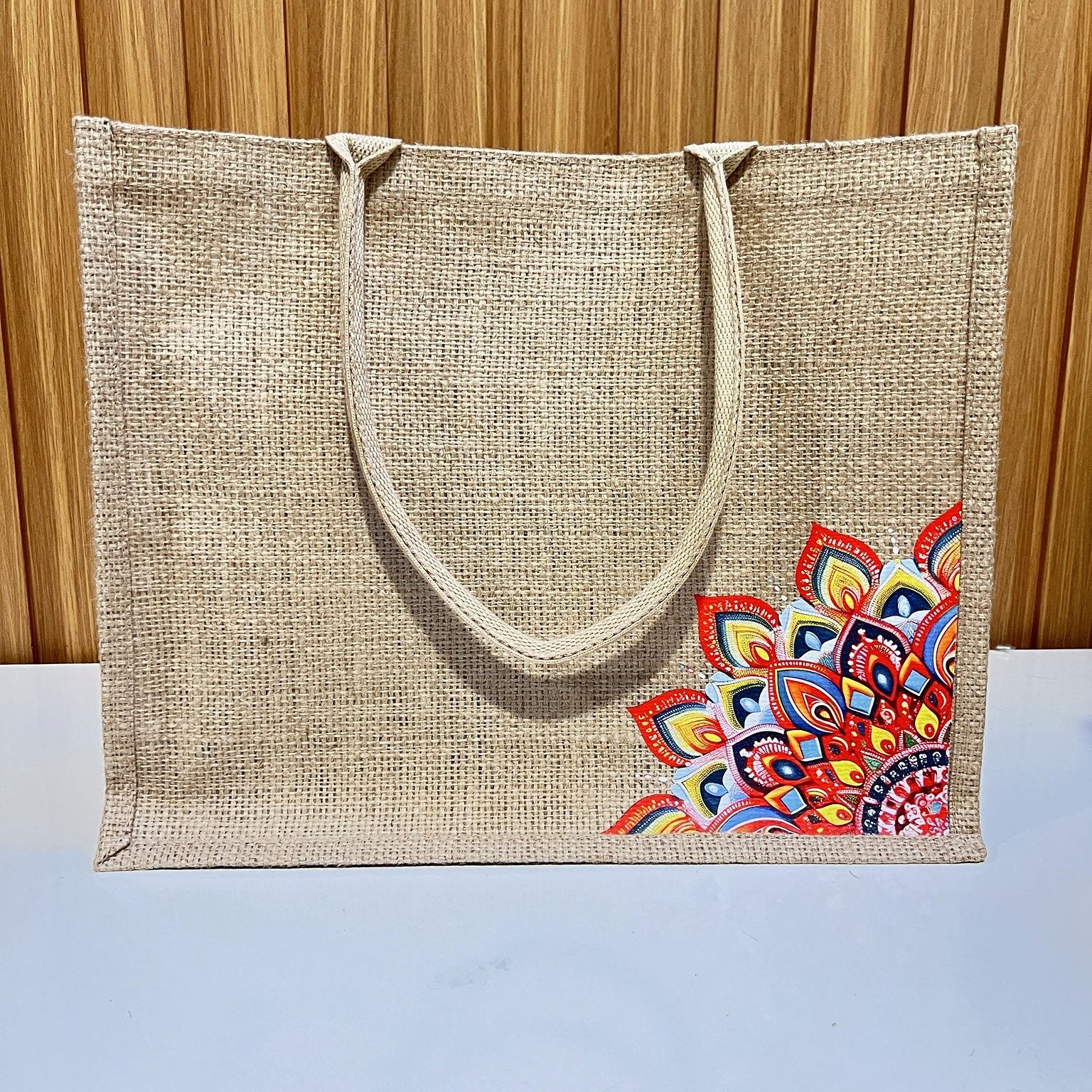 Natural Jute Tote Bag with Red Mandala Print