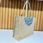 Natural Jute Tote Bag with Peacock Feather Mandala Print