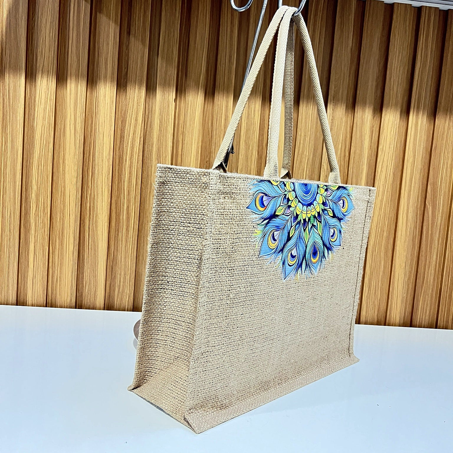 Natural Jute Tote Bag with Peacock Feather Mandala Print