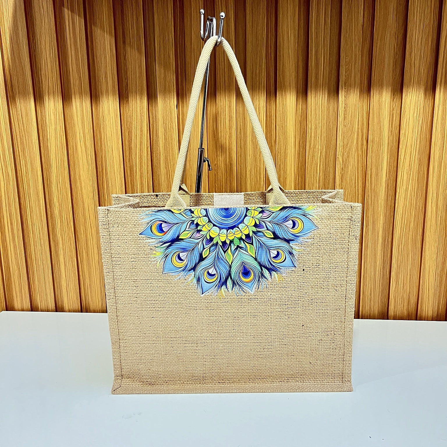 Natural Jute Tote Bag with Peacock Feather Mandala Print